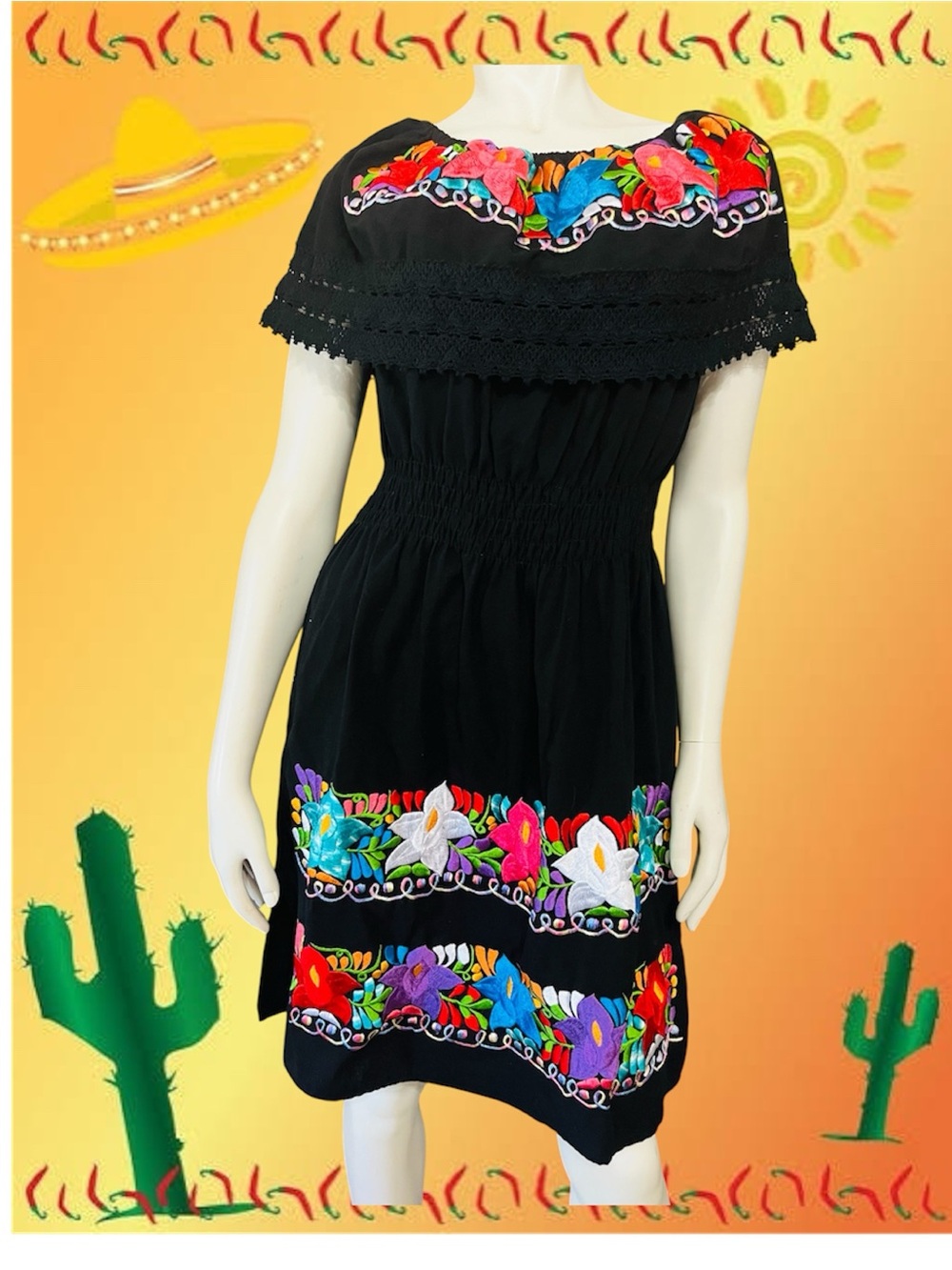 Black Off-Shoulder Embroidered Mexican Dress with Bright Floral Trim